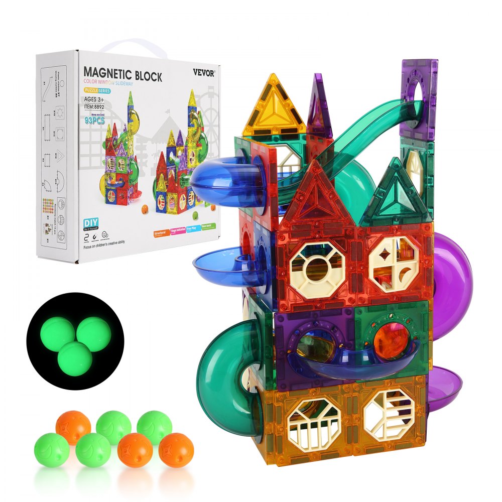 VEVOR Juego de canicas con 93 piezas de baldosas magnéticas para construcción STEM, juego de pistas de carreras, juguetes educativos para el desarrollo cerebral infantil, para niños pequeños, niños y niñas a partir de 3 años