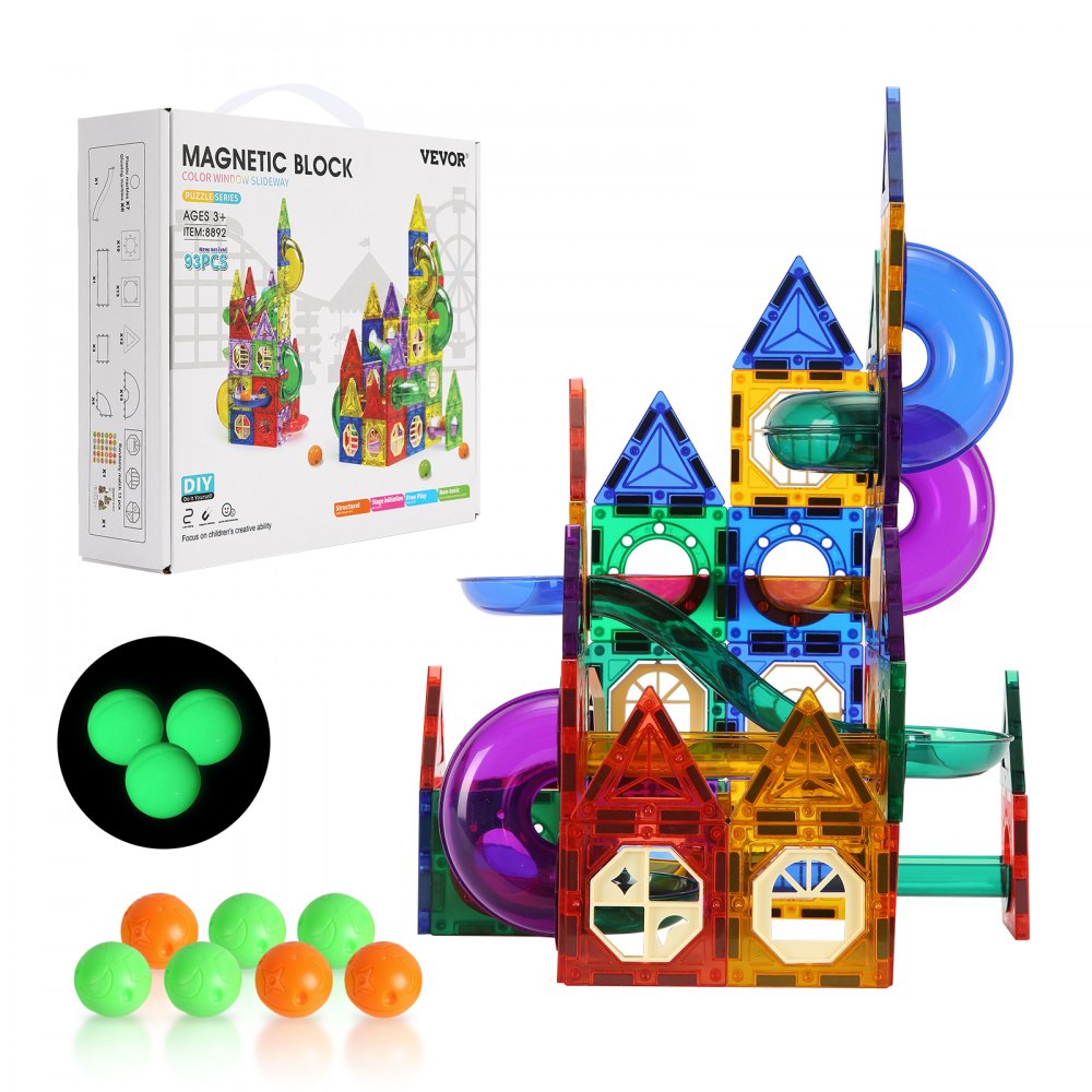 VEVOR Juego de canicas con 93 piezas de baldosas magnéticas para construcción STEM, juego de pistas de carreras, juguetes educativos para el desarrollo cerebral infantil, para niños pequeños, niños y niñas a partir de 3 años
