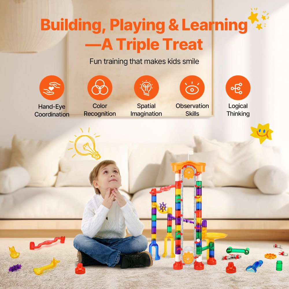 VEVOR Marble Run Set, 153 PCS with Motorized Elevator, with 30 Plastic Marbles, Marble Maze Building Block Brain Game, Educational Learning Race Track STEM Toys, for Kids, Boys, Girls Ages 3 + Years