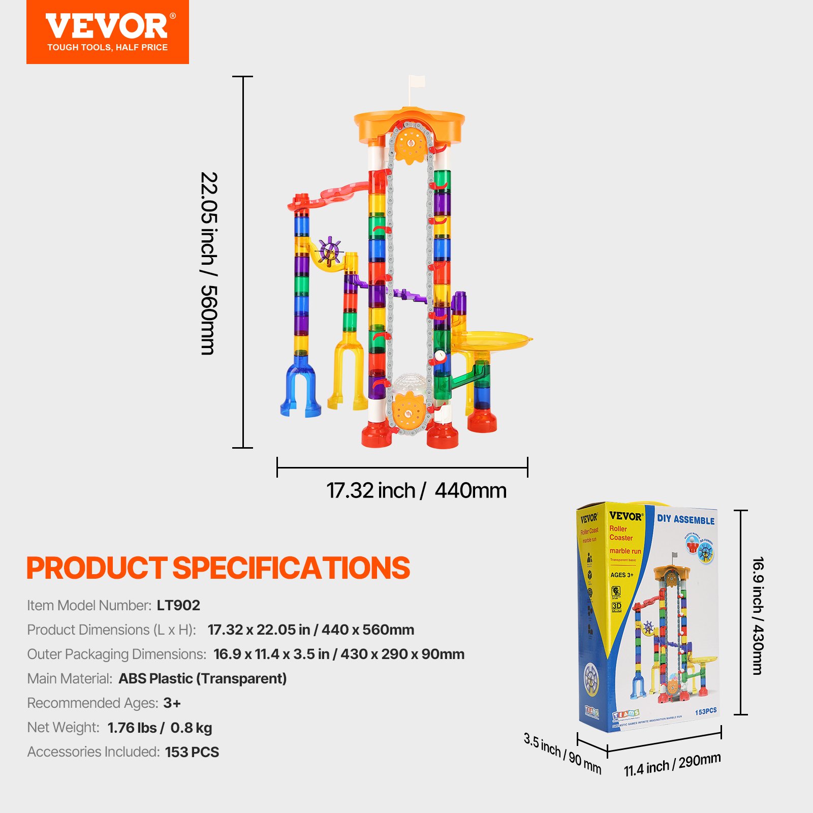 VEVOR Marble Run Set, 153 PCS with Motorized Elevator, with 30 Plastic Marbles, Marble Maze Building Block Brain Game, Educational Learning Race Track STEM Toys, for Kids, Boys, Girls Ages 3 + Years