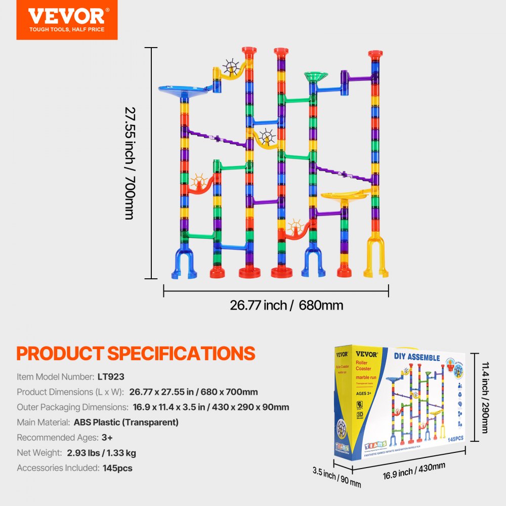 VEVOR Marble Run Set, 145 Piece Marble Maze Building Block Brain Game, with 5 Glow in the Dark Marbles + 40 Glass Marbles, Educational Learning Race Track STEM Toys, for Kids, Boys, Girls Ages 3 +