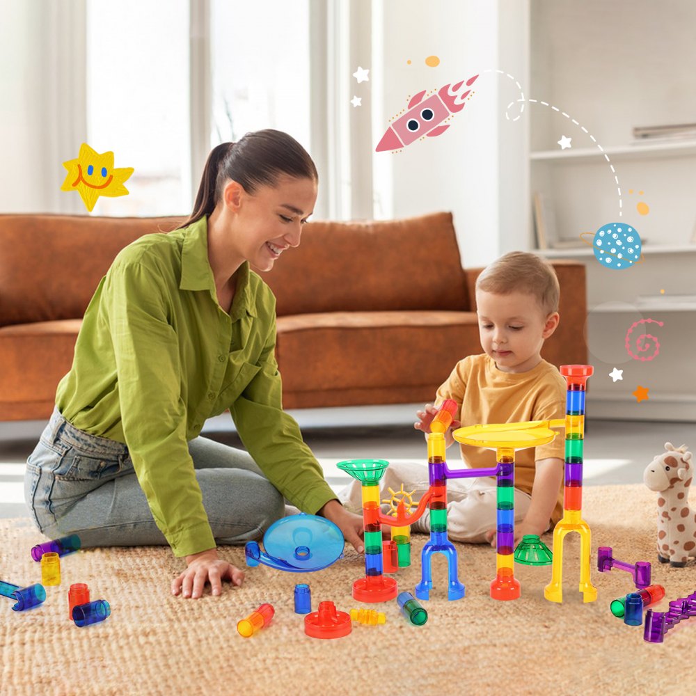 VEVOR Marble Run Set, 145 Piece Marble Maze Building Block Brain Game, with 5 Glow in the Dark Marbles + 40 Glass Marbles, Educational Learning Race Track STEM Toys, for Kids, Boys, Girls Ages 3 +