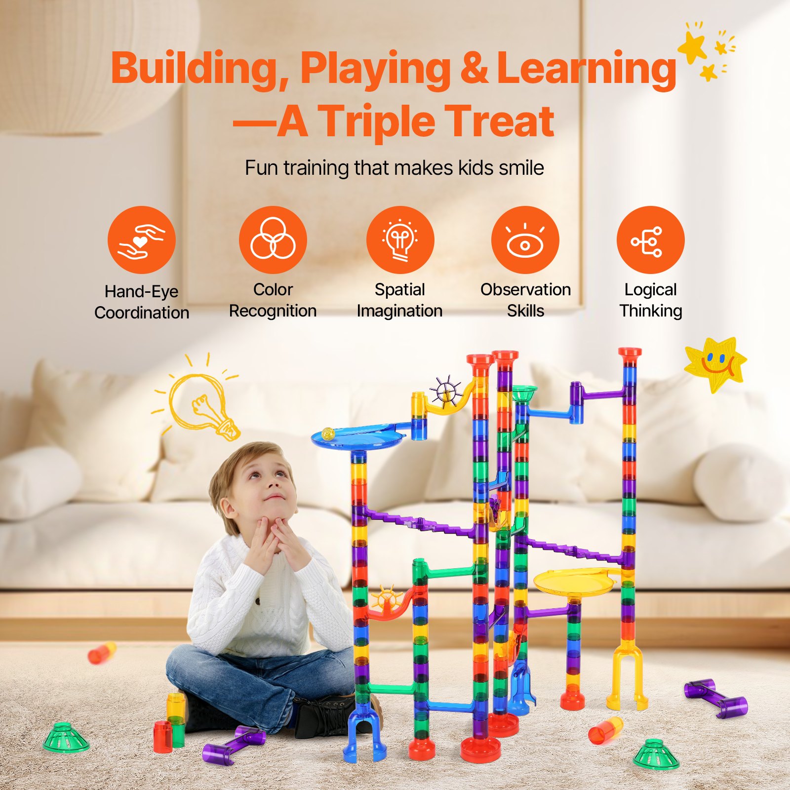 VEVOR Marble Run Set, 145 Piece Marble Maze Building Block Brain Game, with 5 Glow in the Dark Marbles + 40 Glass Marbles, Educational Learning Race Track STEM Toys, for Kids, Boys, Girls Ages 3 +