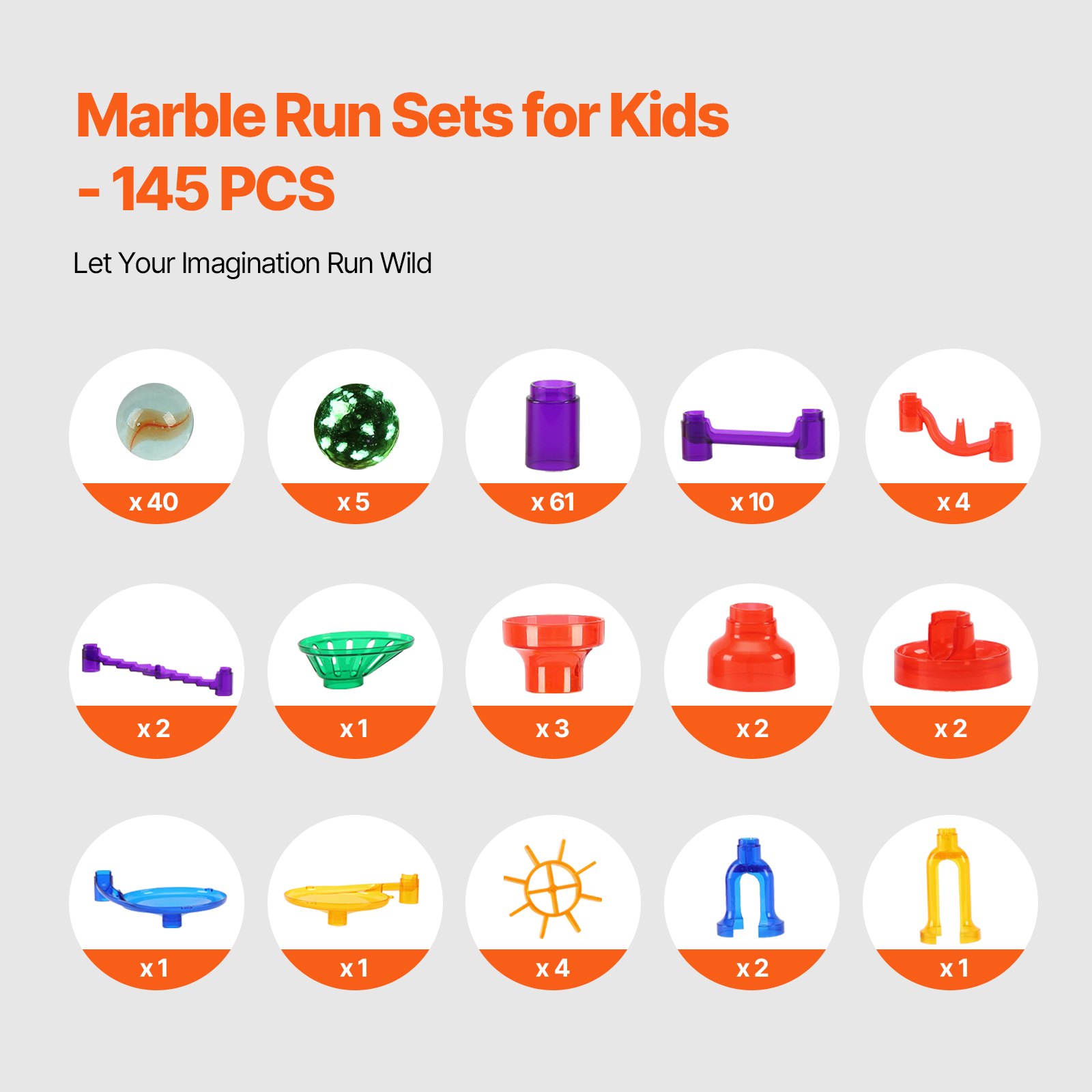 VEVOR Marble Run Set, 145 Piece Marble Maze Building Block Brain Game, with 5 Glow in the Dark Marbles + 40 Glass Marbles, Educational Learning Race Track STEM Toys, for Kids, Boys, Girls Ages 3 +