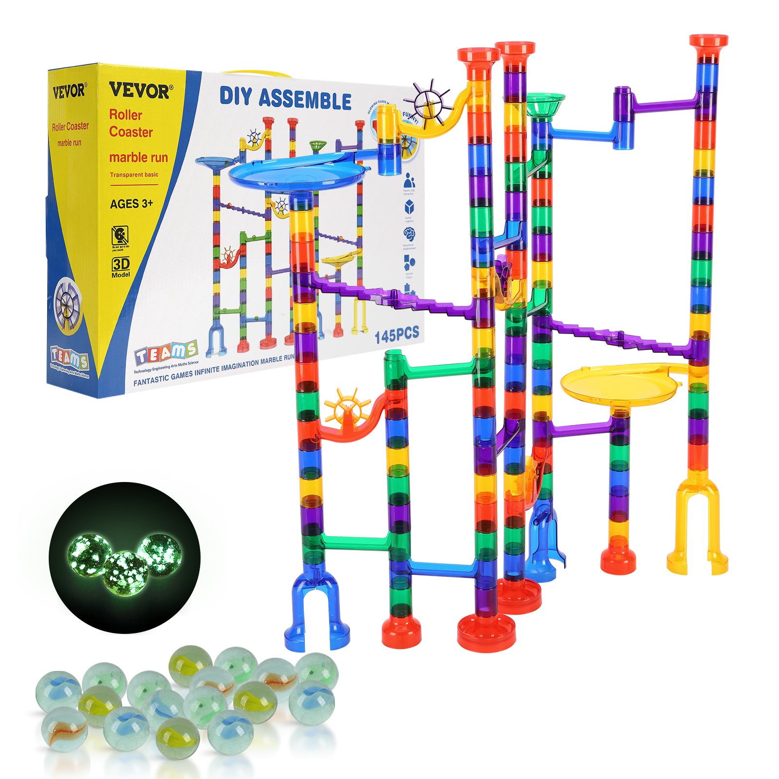 VEVOR Marble Run Set, 145 Piece Marble Maze Building Block Brain Game, with 5 Glow in the Dark Marbles + 40 Glass Marbles, Educational Learning Race Track STEM Toys, for Kids, Boys, Girls Ages 3 +