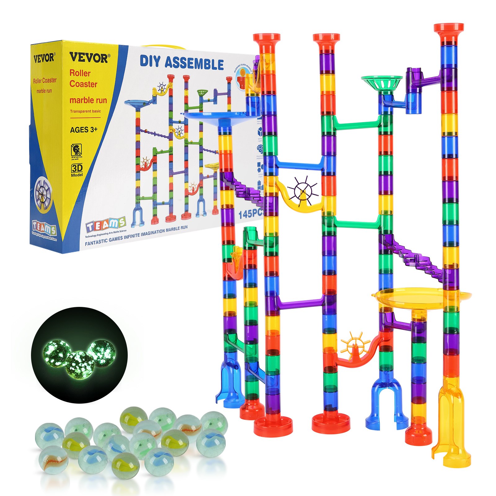 VEVOR Marble Run Set, 145 Piece Marble Maze Building Block Brain Game, with 5 Glow in the Dark Marbles + 40 Glass Marbles, Educational Learning Race Track STEM Toys, for Kids, Boys, Girls Ages 3 +
