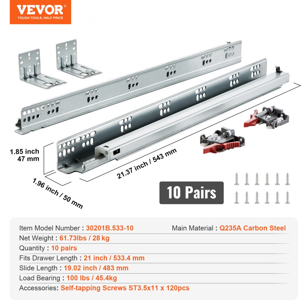 VEVOR 10 Pairs of 533.4mm Drawer Bottom Side Mount Rails, Heavy Duty Full Ball Bearing Extension Steel Track, Soft-Close Noiseless Guide Glides Cabinet Kitchen Runners with Locking Mechanism, 100 Lbs
