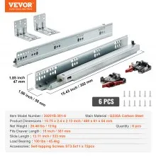 VEVOR 6 Pairs of 381mm Drawer Bottom Side Mount Rails, Heavy Duty Full Ball Bearing Extension Steel Track, Soft-Close Noiseless Guide Glides Cabinet Kitchen Runners with Locking Mechanism, 100 Lbs