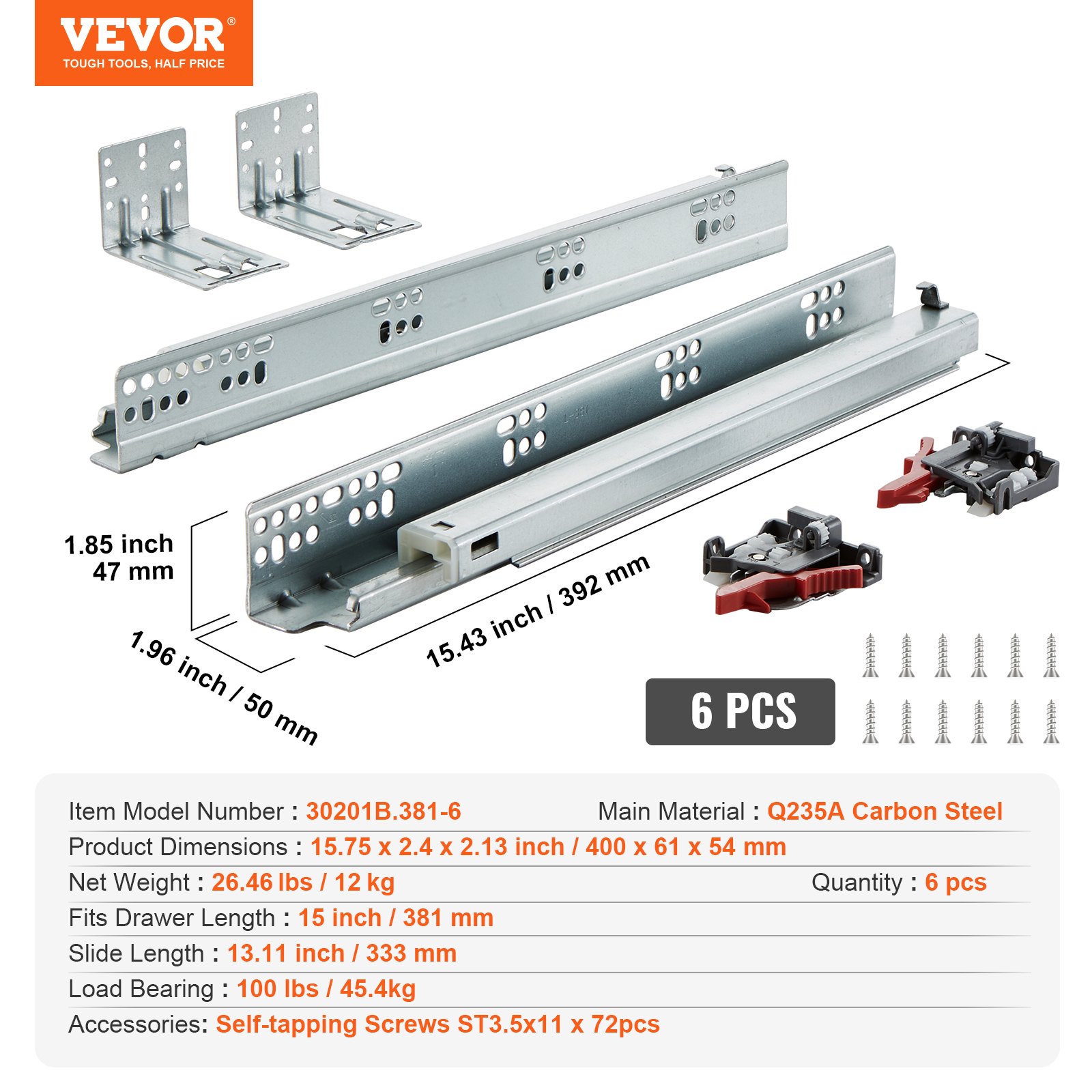 VEVOR 6 Pairs of 15 Inch Drawer Bottom Side Mount Rails, Heavy Duty Full Ball Bearing Extension Steel Track, Soft-Close Noiseless Guide Glides Cabinet Kitchen Runners with Locking Mechanism, 100 Lbs