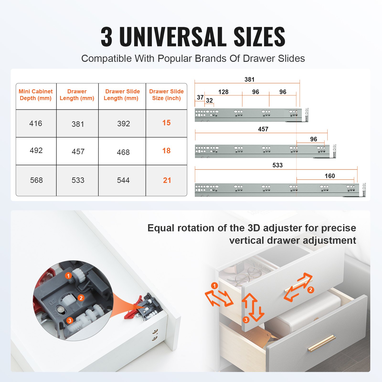 VEVOR 6 Pairs of 21 Inch Drawer Bottom Side Mount Rails, Heavy Duty Full Ball Bearing Extension Steel Track, Soft-Close Noiseless Guide Glides Cabinet Kitchen Runners with Locking Mechanism, 100 Lbs
