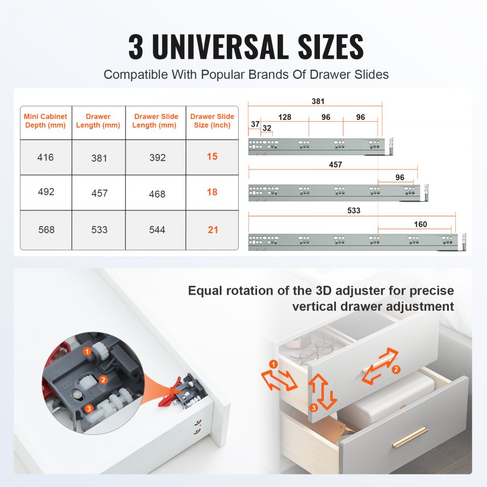 VEVOR 6 Pairs of 18 Inch Drawer Bottom Side Mount Rails, Heavy Duty Full Ball Bearing Extension Steel Track, Soft-Close Noiseless Guide Glides Cabinet Kitchen Runners with Locking Mechanism, 100 Lbs