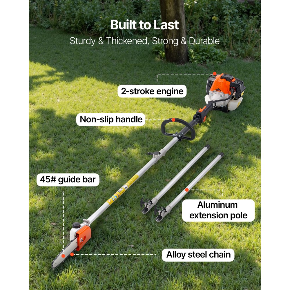 VEVOR Gas Pole Saw, 33CC 2 Stroke Gas Powered Pole Saws with 8 in Cutting Bar, Cordless Tree Trimmer with 30 fl.oz Fuel Tank, 6.7 to 11.6 ft Extendable, Powerful Chainsaw for Tree Trimming Pruning