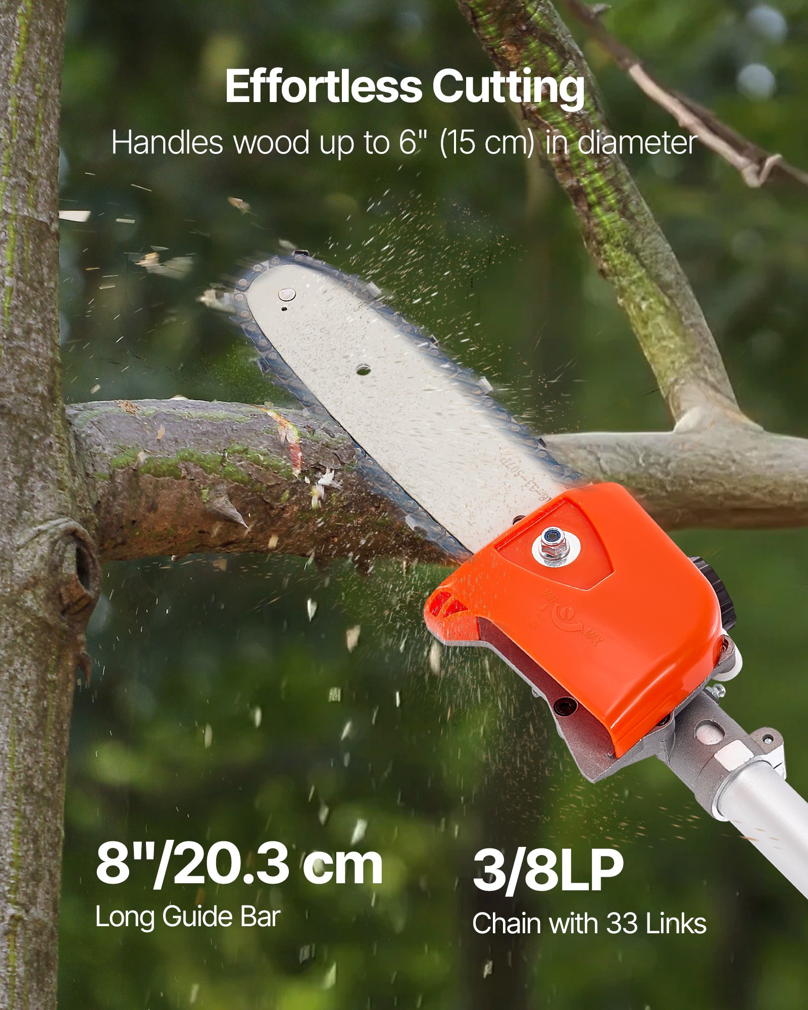 VEVOR Gas Pole Saw, 33CC 2 Stroke Gas Powered Pole Saws with 8 in Cutting Bar, Cordless Tree Trimmer with 30 fl.oz Fuel Tank, 6.7 to 11.6 ft Extendable, Powerful Chainsaw for Tree Trimming Pruning