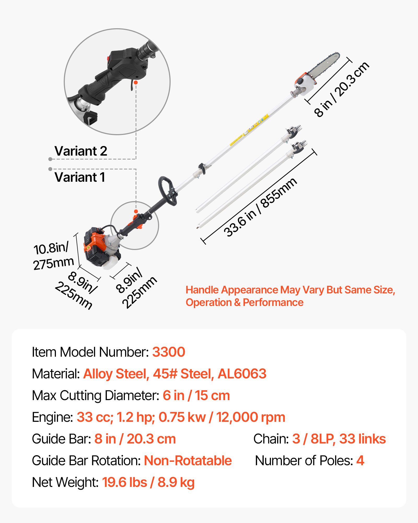 VEVOR Gas Pole Saw, 33CC 2 Stroke Gas Powered Pole Saws with 8 in Cutting Bar, Cordless Tree Trimmer with 30 fl.oz Fuel Tank, 6.7 to 11.6 ft Extendable, Powerful Chainsaw for Tree Trimming Pruning