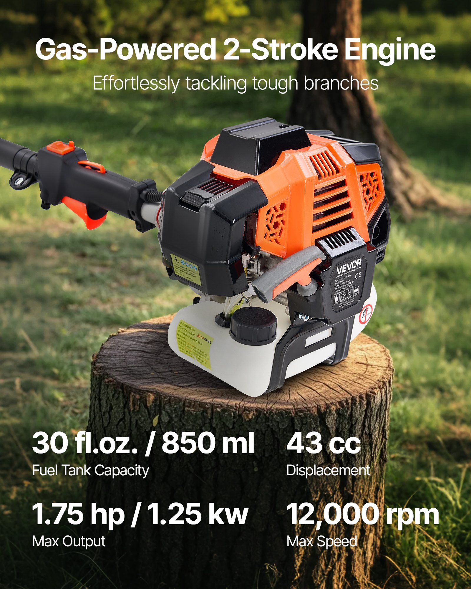 VEVOR Gas Pole Saw, 43CC 2 Stroke Gas Powered Pole Saws with 10 in Cutting Bar, Cordless Tree Trimmer with 30 fl.oz Fuel Tank, 6.8 to 11.7 ft Extendable, Powerful Chainsaw for Tree Trimming Pruning