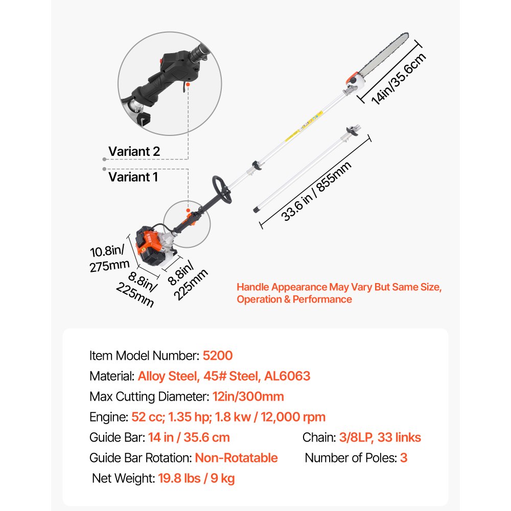 VEVOR Gas Pole Saw, 52CC 2 Stroke Gas Powered Pole Saws with 14 in Cutting Bar, Cordless Tree Trimmer with 30 fl.oz Fuel Tank, 7.2 to 10 ft Extendable, Powerful Chainsaw for Tree Trimming Pruning