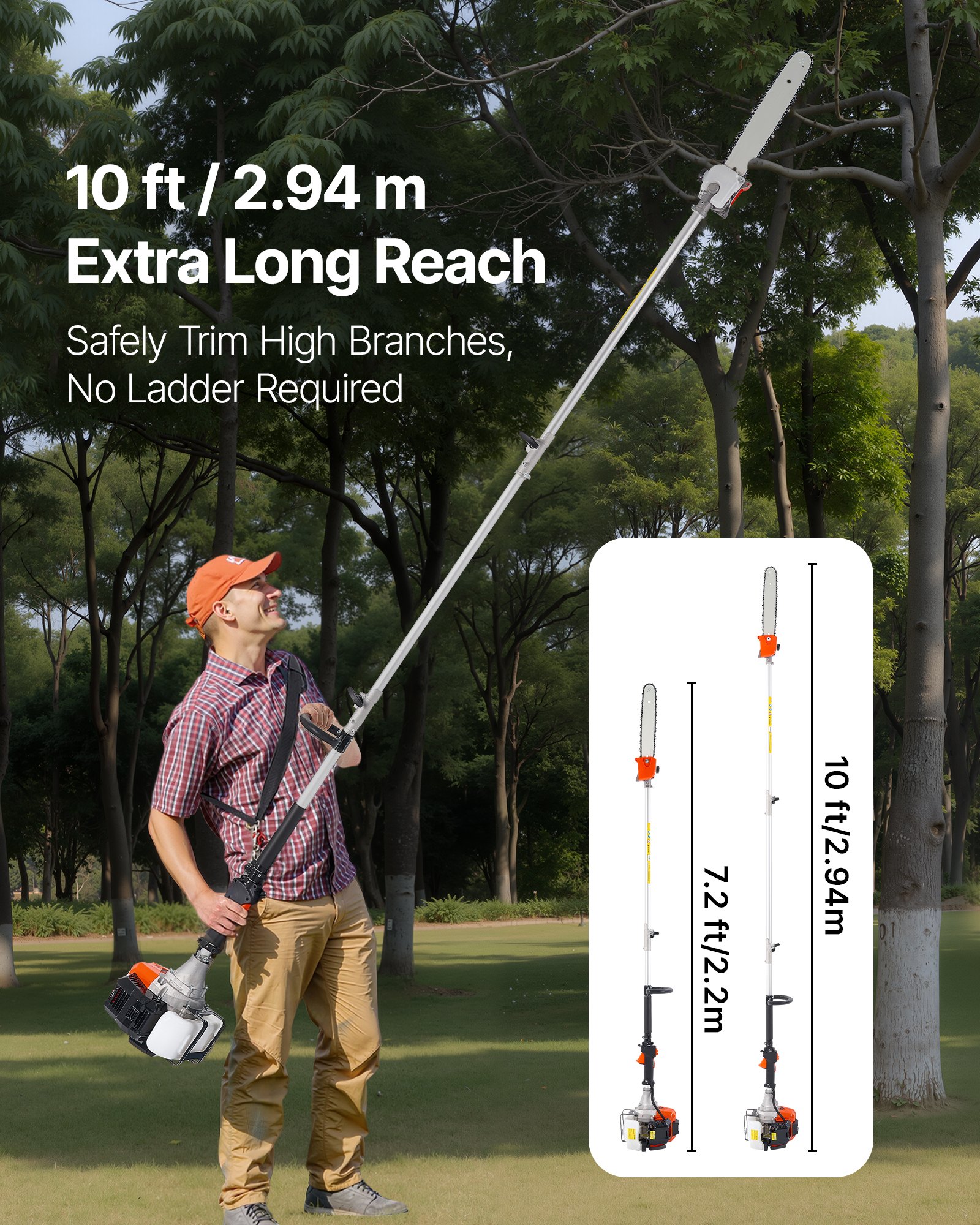 VEVOR Gas Pole Saw, 52CC 2 Stroke Gas Powered Pole Saws with 14 in Cutting Bar, Cordless Tree Trimmer with 30 fl.oz Fuel Tank, 7.2 to 10 ft Extendable, Powerful Chainsaw for Tree Trimming Pruning