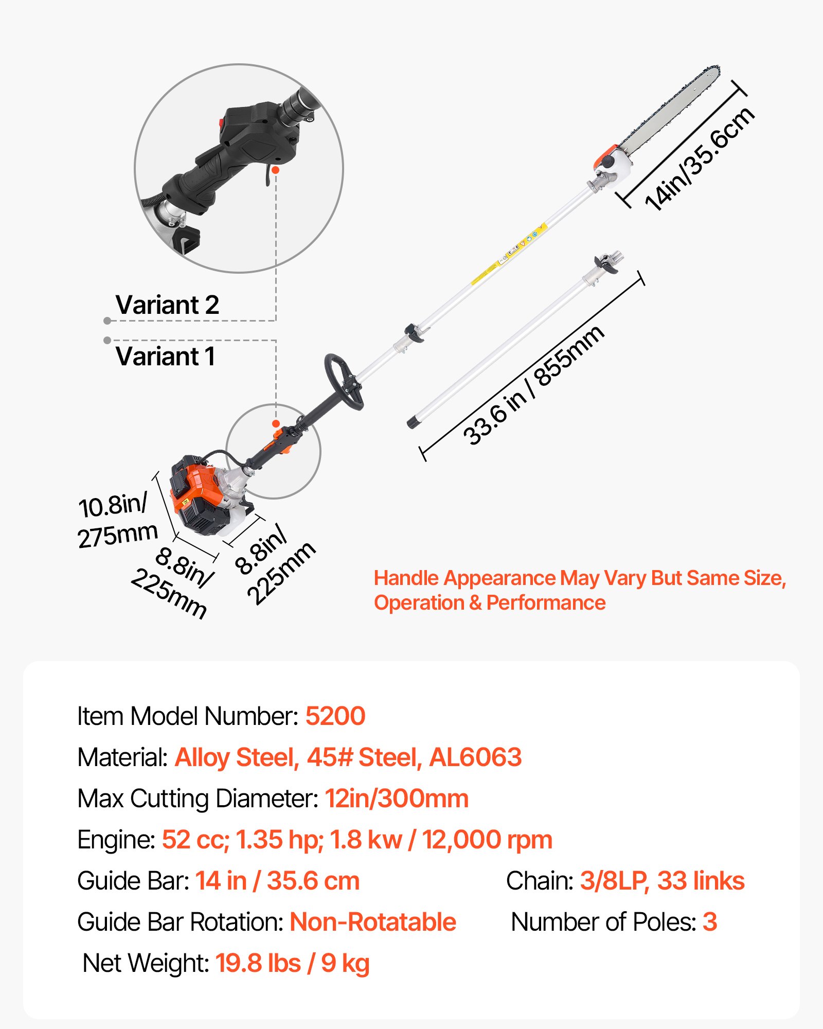 VEVOR Gas Pole Saw, 52CC 2 Stroke Gas Powered Pole Saws with 14 in Cutting Bar, Cordless Tree Trimmer with 30 fl.oz Fuel Tank, 7.2 to 10 ft Extendable, Powerful Chainsaw for Tree Trimming Pruning