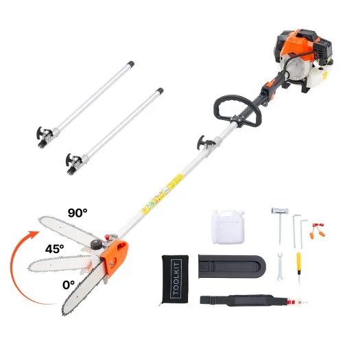 VEVOR Gas Pole Saw, 43CC 2 Stroke Gas Powered Pole Saws with 10 in Cutting Bar, Cordless Tree Trimmer with Rotatable Head, 6.9 to 11.8 ft Extendable, Powerful Chainsaw for Tree Trimming Pruning