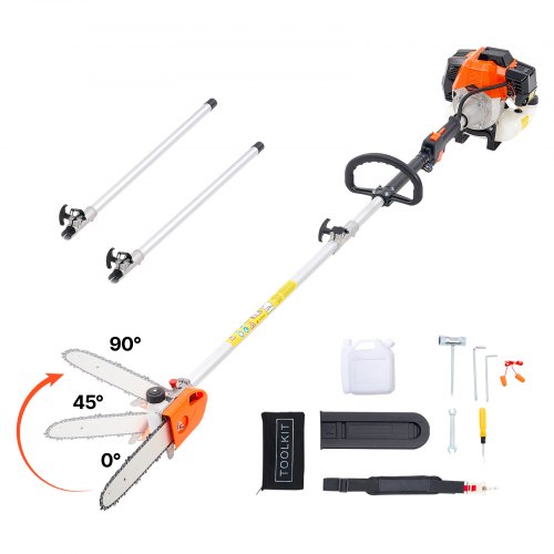 VEVOR Gas Pole Saw, 43CC 2 Stroke Gas Powered Pole Saws with 10 in Cutting Bar, Cordless Tree Trimmer with Rotatable Head, 6.9 to 11.8 ft Extendable, Powerful Chainsaw for Tree Trimming Pruning
