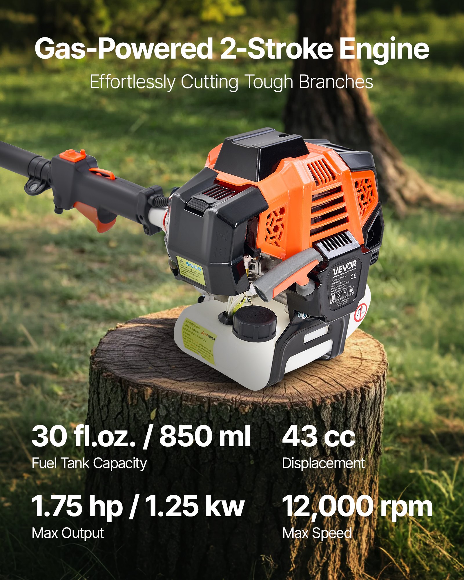 VEVOR Gas Pole Saw, 43CC 2 Stroke Gas Powered Pole Saws with 10 in Cutting Bar, Cordless Tree Trimmer with Rotatable Head, 6.9 to 11.8 ft Extendable, Powerful Chainsaw for Tree Trimming Pruning