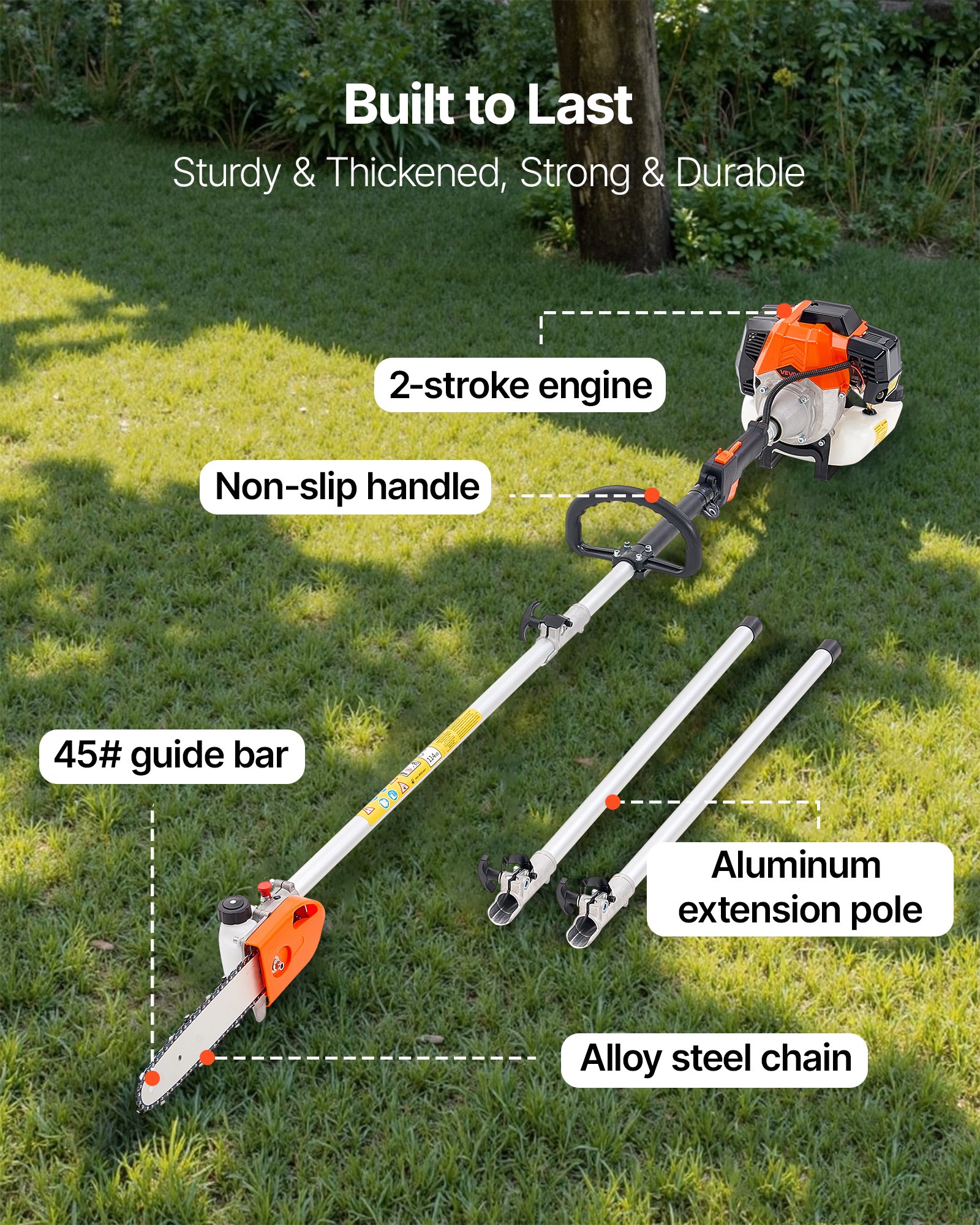 VEVOR Gas Pole Saw, 43CC 2 Stroke Gas Powered Pole Saws with 10 in Cutting Bar, Cordless Tree Trimmer with Rotatable Head, 6.9 to 11.8 ft Extendable, Powerful Chainsaw for Tree Trimming Pruning