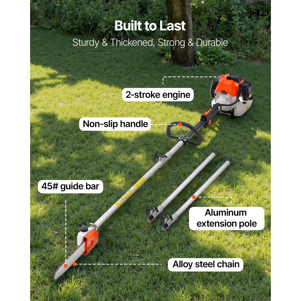 VEVOR Gas Pole Saw, 33CC 2 Stroke Gas Powered Pole Saws with 20.3 cm Cutting Bar, Cordless Tree Trimmer with 850ml Fuel Tank, 2.08 to 3.58 m  Extendable, Powerful Chainsaw for Tree Trimming Pruning