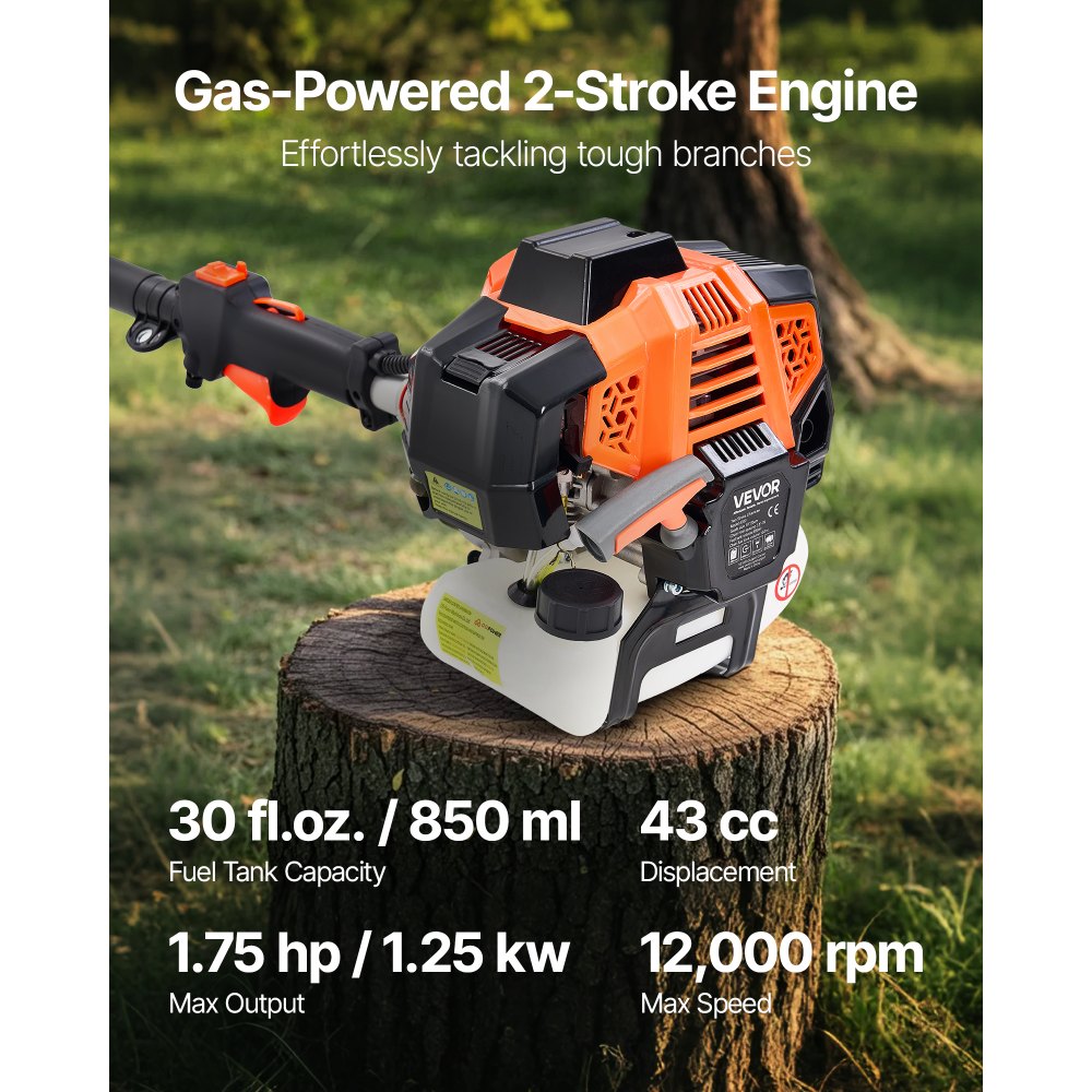 VEVOR Gas Pole Saw, 33CC 2 Stroke Gas Powered Pole Saws with 20.3 cm Cutting Bar, Cordless Tree Trimmer with 850ml Fuel Tank, 2.08 to 3.58 m  Extendable, Powerful Chainsaw for Tree Trimming Pruning