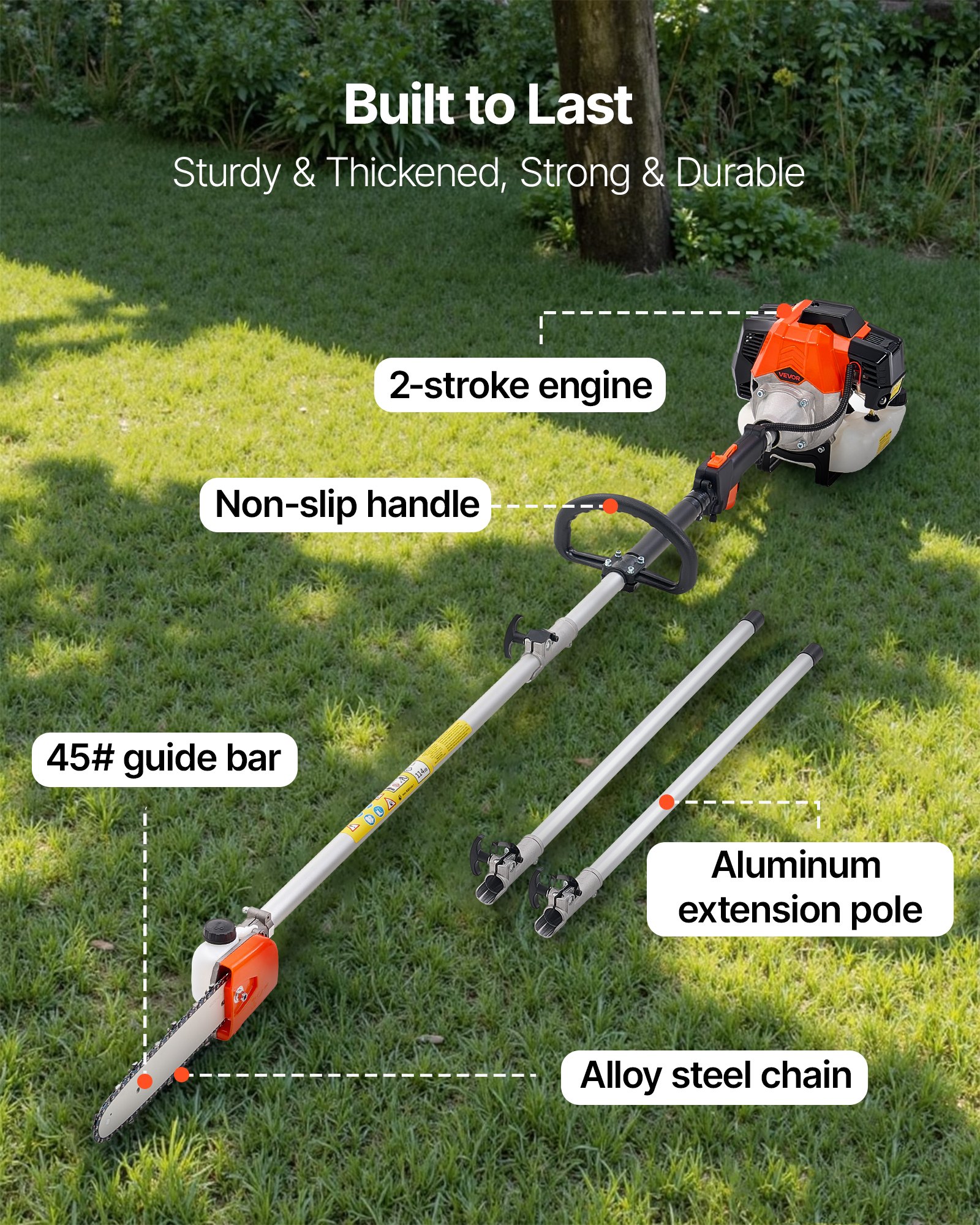 VEVOR Gas Pole Saw, 43CC 2 Stroke Gas Powered Pole Saws with 10 in Cutting Bar, Cordless Tree Trimmer with 30 fl.oz Fuel Tank, 6.8 to 11.7 ft Extendable, Powerful Chainsaw for Tree Trimming Pruning