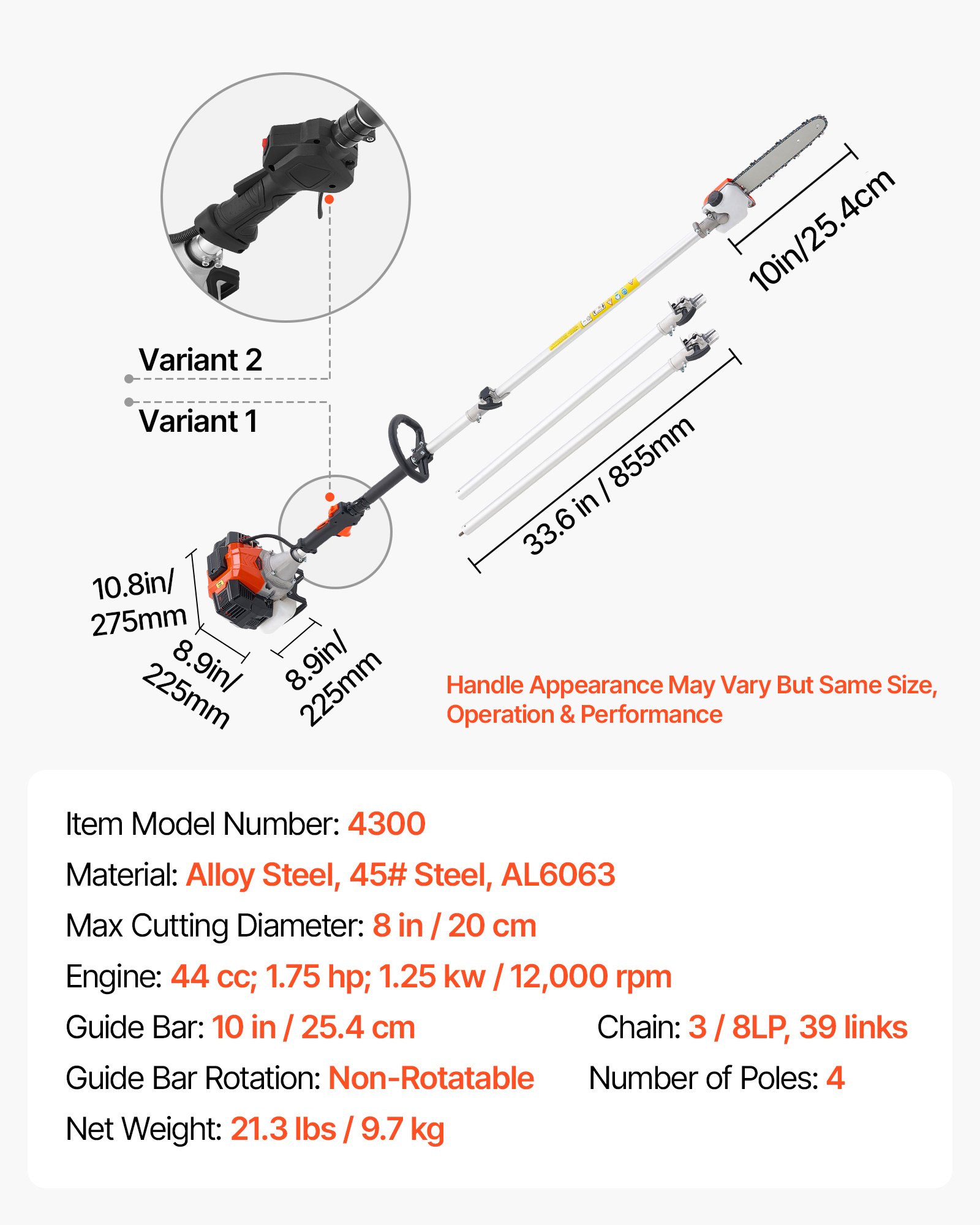 VEVOR Gas Pole Saw, 33CC 2 Stroke Gas Powered Pole Saws with 20.3 cm Cutting Bar, Cordless Tree Trimmer with 850ml Fuel Tank, 2.08 to 3.58 m  Extendable, Powerful Chainsaw for Tree Trimming Pruning