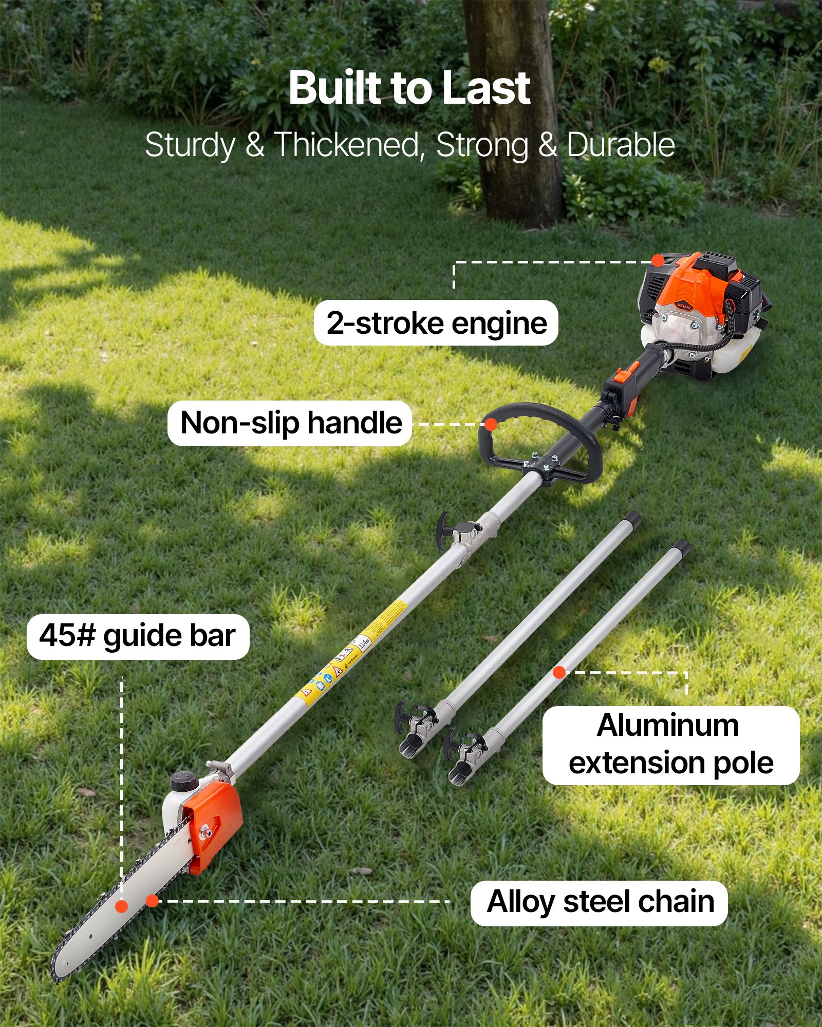 VEVOR Gas Pole Saw, 25CC 2 Stroke Gas Powered Pole Saws with 12 in Cutting Bar, Cordless Tree Trimmer with 23 fl.oz Fuel Tank, 7 to 12 ft Extendable, Powerful Chainsaw for Tree Trimming Pruning