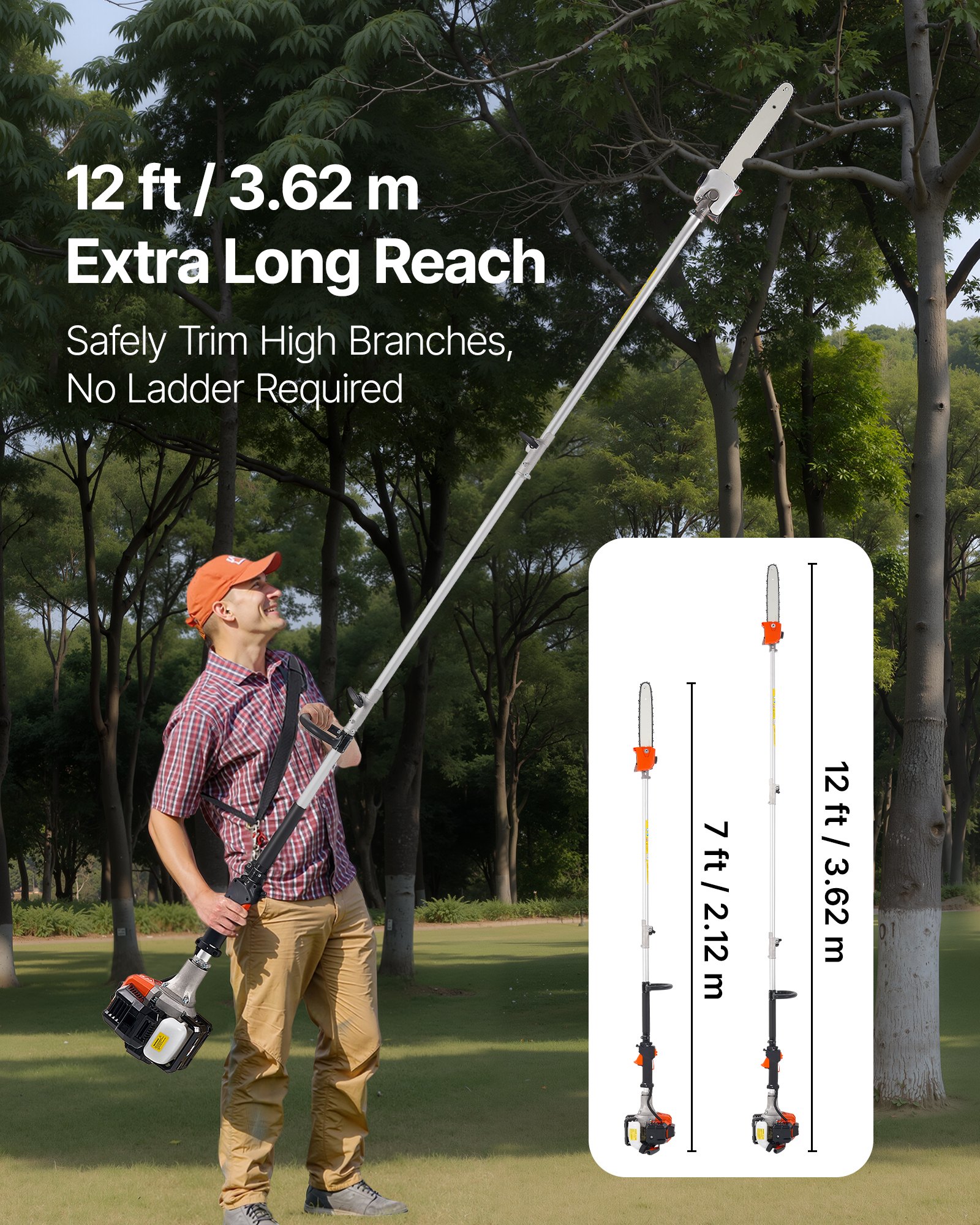 VEVOR Gas Pole Saw, 25CC 2 Stroke Gas Powered Pole Saws with 12 in Cutting Bar, Cordless Tree Trimmer with 23 fl.oz Fuel Tank, 7 to 12 ft Extendable, Powerful Chainsaw for Tree Trimming Pruning