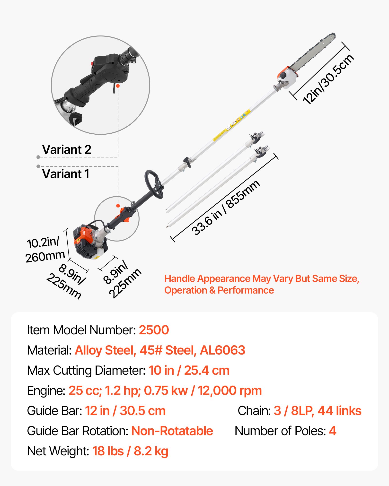 VEVOR Gas Pole Saw, 25CC 2 Stroke Gas Powered Pole Saws with 12 in Cutting Bar, Cordless Tree Trimmer with 23 fl.oz Fuel Tank, 7 to 12 ft Extendable, Powerful Chainsaw for Tree Trimming Pruning