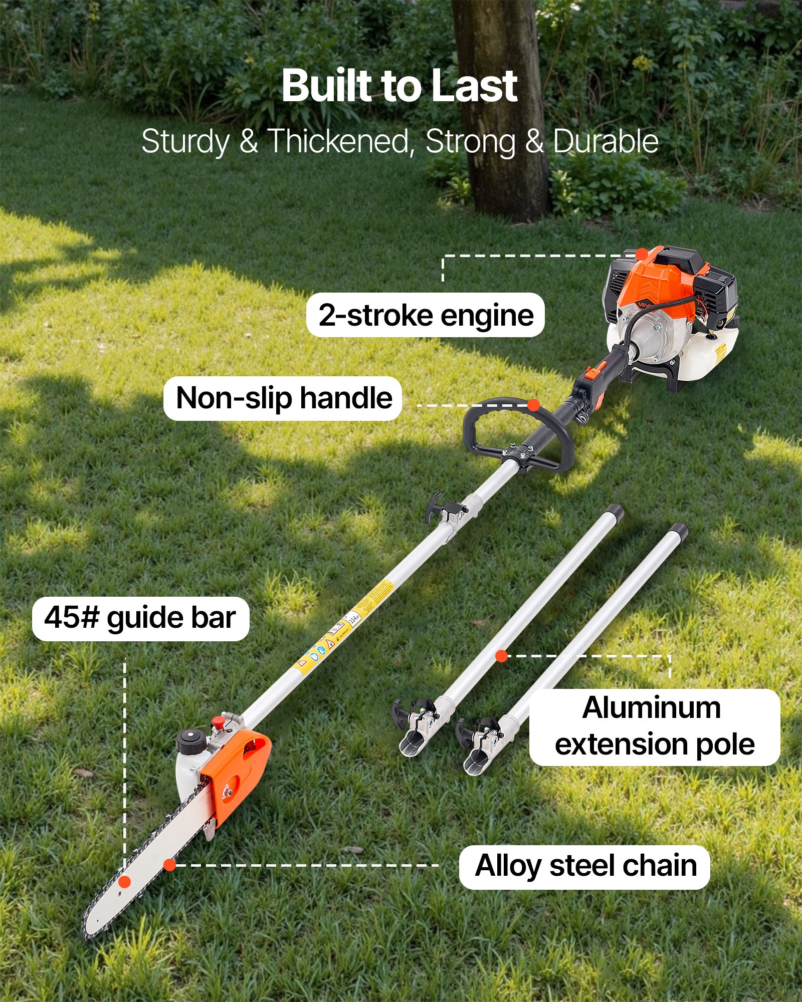 VEVOR Gas Pole Saw, 43CC 2 Stroke Gas Powered Pole Saws with 30.48 cm Cutting Bar, Cordless Tree Trimmer with Rotatable Head, 2.16 to 3.66 m Extendable, Powerful Chainsaw for Tree Trimming Pruning