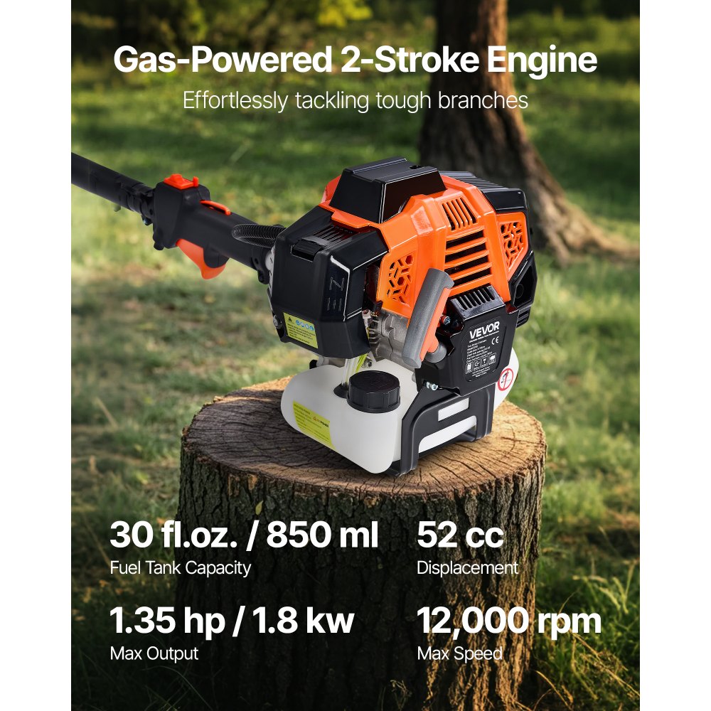 VEVOR Gas Pole Saw, 52CC 2 Stroke Gas Powered Pole Saws with 14 in Cutting Bar, Cordless Tree Trimmer with 30 fl.oz Fuel Tank, 7.2 to 10 ft Extendable, Powerful Chainsaw for Tree Trimming Pruning