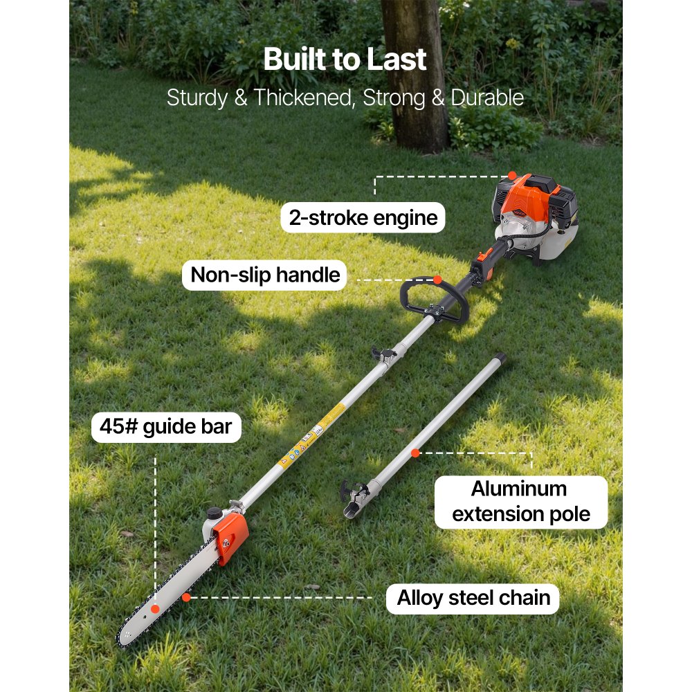 VEVOR Gas Pole Saw, 52CC 2 Stroke Gas Powered Pole Saws with 14 in Cutting Bar, Cordless Tree Trimmer with 30 fl.oz Fuel Tank, 7.2 to 10 ft Extendable, Powerful Chainsaw for Tree Trimming Pruning