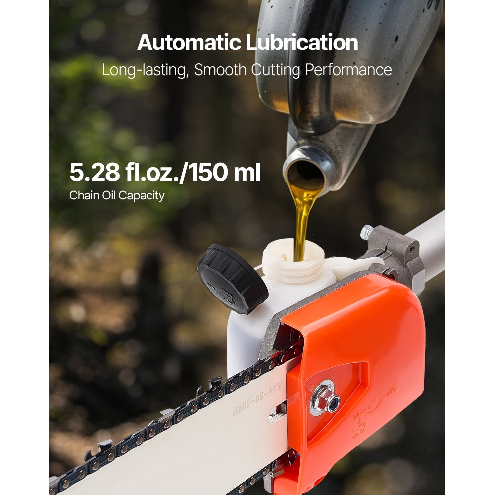 VEVOR Gas Pole Saw, 52CC 2 Stroke Gas Powered Pole Saws with 35.6 cm Cutting Bar, Cordless Tree Trimmer with 850ml Fuel Tank, 2.2 to 2.94 m  Extendable, Powerful Chainsaw for Tree Trimming Pruning