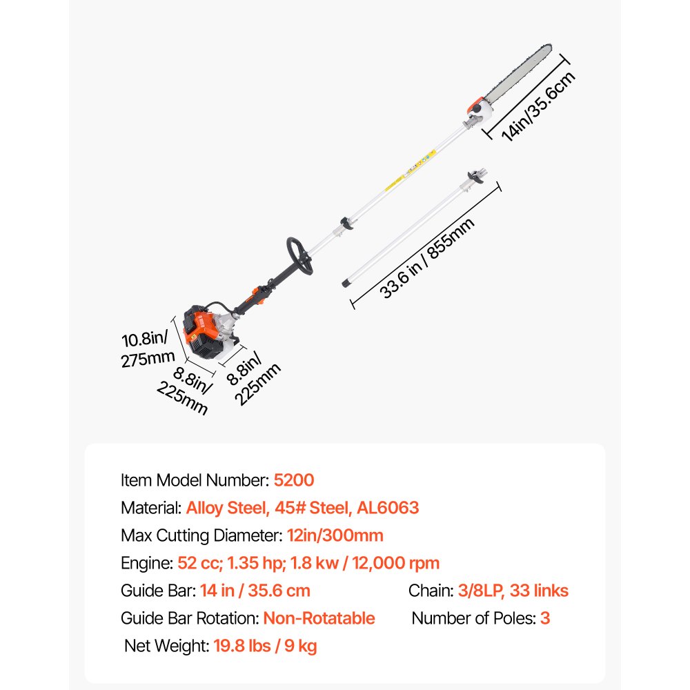 VEVOR Gas Pole Saw, 52CC 2 Stroke Gas Powered Pole Saws with 35.6 cm Cutting Bar, Cordless Tree Trimmer with 850ml Fuel Tank, 2.2 to 2.94 m  Extendable, Powerful Chainsaw for Tree Trimming Pruning