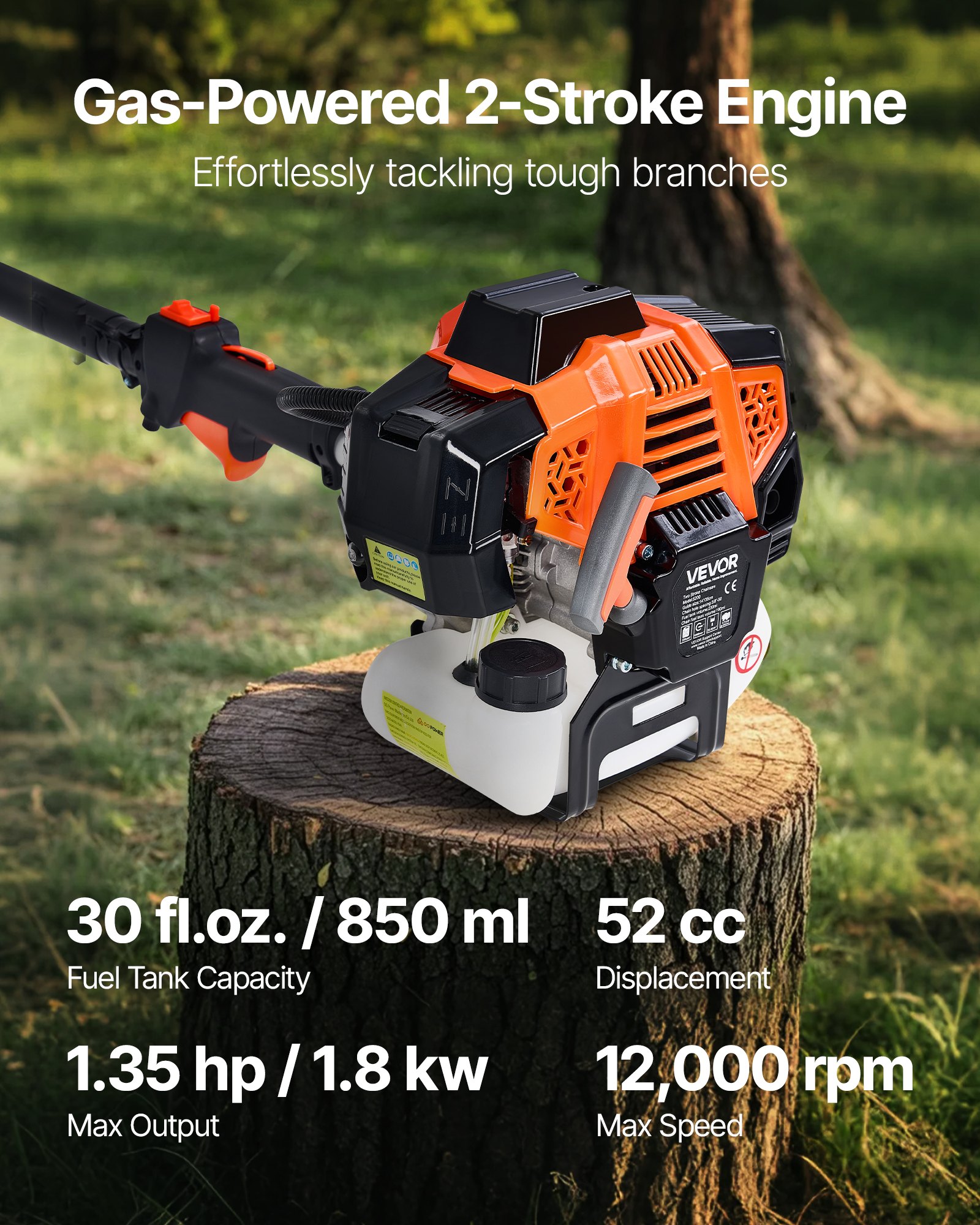 VEVOR Gas Pole Saw, 52CC 2 Stroke Gas Powered Pole Saws with 35.6 cm Cutting Bar, Cordless Tree Trimmer with 850ml Fuel Tank, 2.2 to 2.94 m  Extendable, Powerful Chainsaw for Tree Trimming Pruning