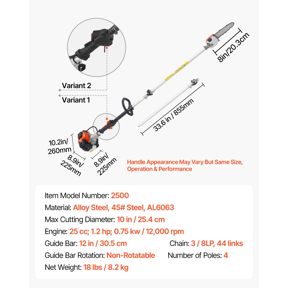 VEVOR Gas Pole Saw, 25CC 2 Stroke Gas Powered Pole Saws with 8 in Cutting Bar, Cordless Tree Trimmer with 23 fl.oz Fuel Tank, 6.5 to 9 ft Extendable, Powerful Chainsaw for Tree Trimming Pruning