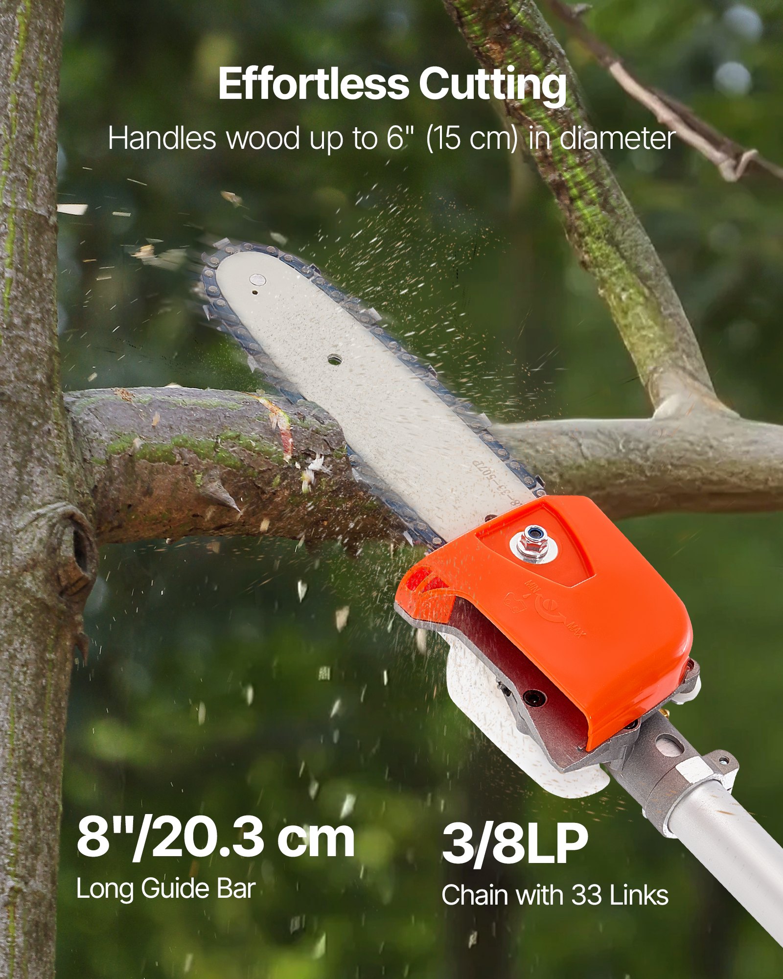 VEVOR Gas Pole Saw, 25CC 2 Stroke Gas Powered Pole Saws with 8 in Cutting Bar, Cordless Tree Trimmer with 23 fl.oz Fuel Tank, 6.5 to 9 ft Extendable, Powerful Chainsaw for Tree Trimming Pruning