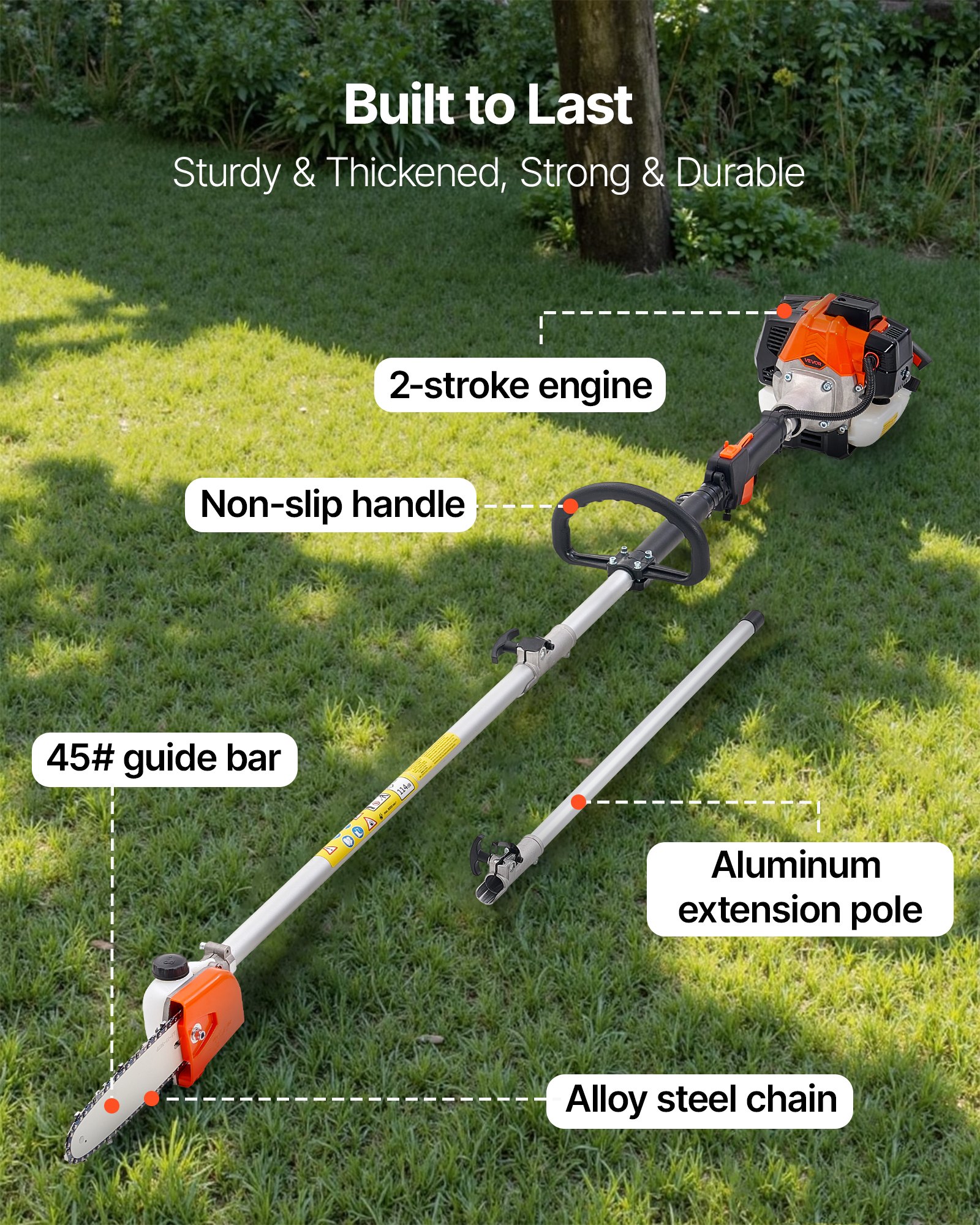 VEVOR Gas Pole Saw, 25CC 2 Stroke Gas Powered Pole Saws with 8 in Cutting Bar, Cordless Tree Trimmer with 23 fl.oz Fuel Tank, 6.5 to 9 ft Extendable, Powerful Chainsaw for Tree Trimming Pruning