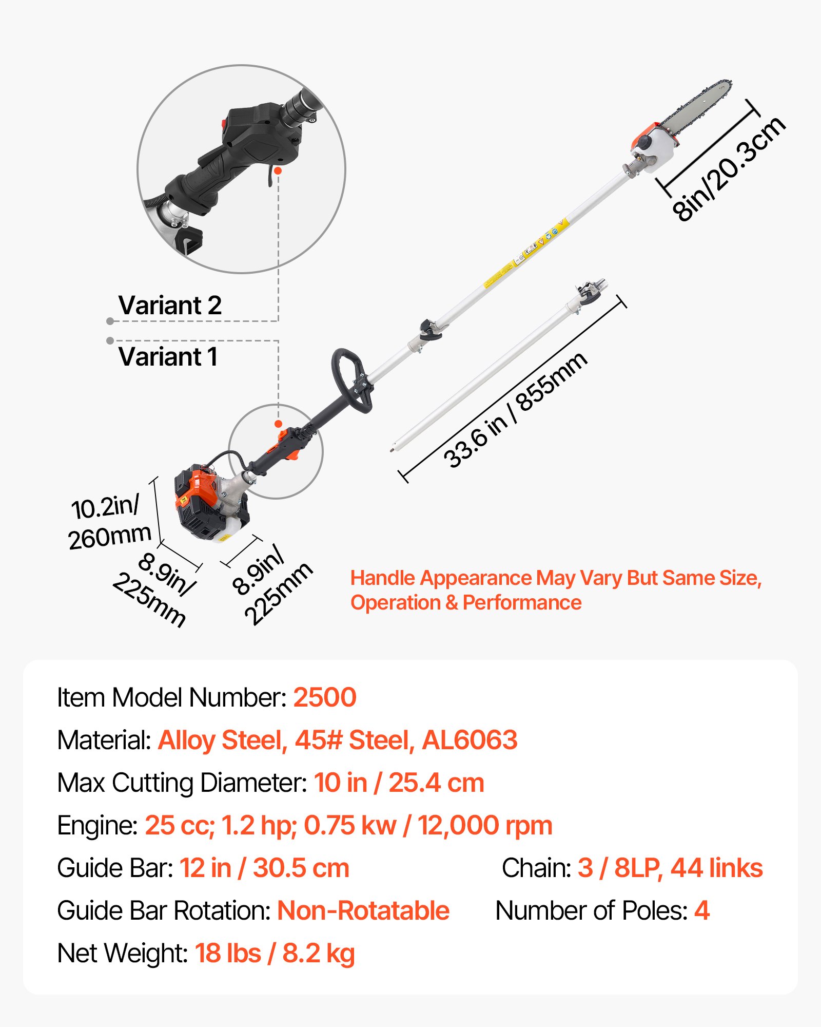 VEVOR Gas Pole Saw, 25CC 2 Stroke Gas Powered Pole Saws with 8 in Cutting Bar, Cordless Tree Trimmer with 23 fl.oz Fuel Tank, 6.5 to 9 ft Extendable, Powerful Chainsaw for Tree Trimming Pruning