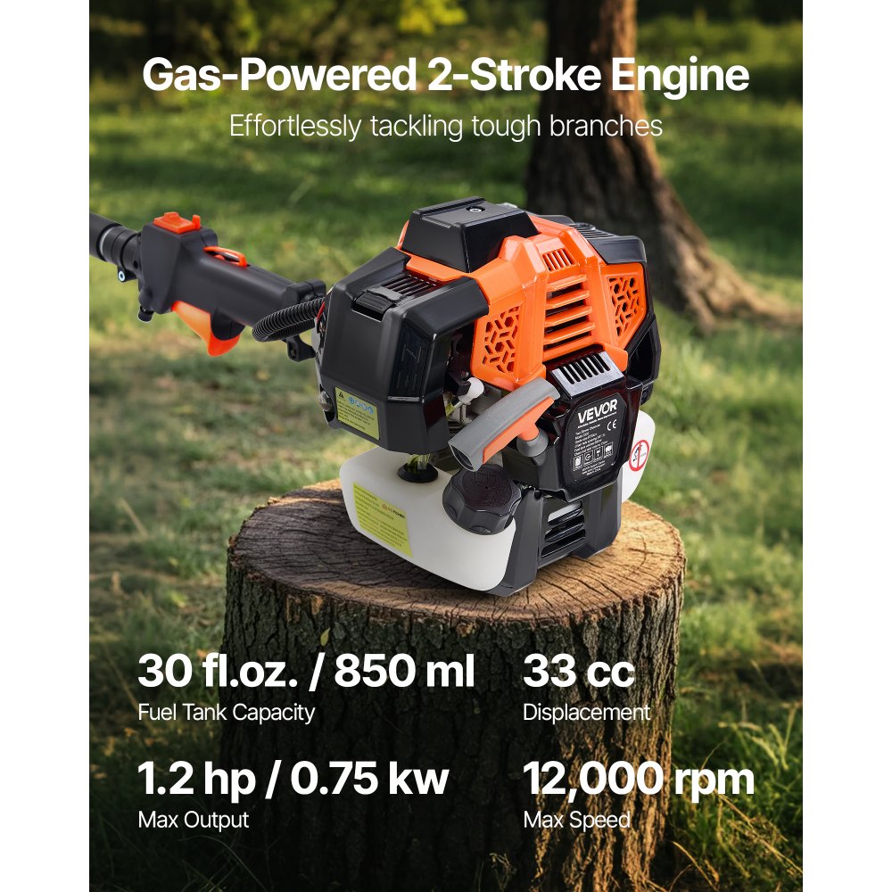 VEVOR Gas Pole Saw, 33CC 2 Stroke Gas Powered Pole Saws with 8 in Cutting Bar, Cordless Tree Trimmer with 30 fl.oz Fuel Tank, 6.7 to 11.6 ft Extendable, Powerful Chainsaw for Tree Trimming Pruning