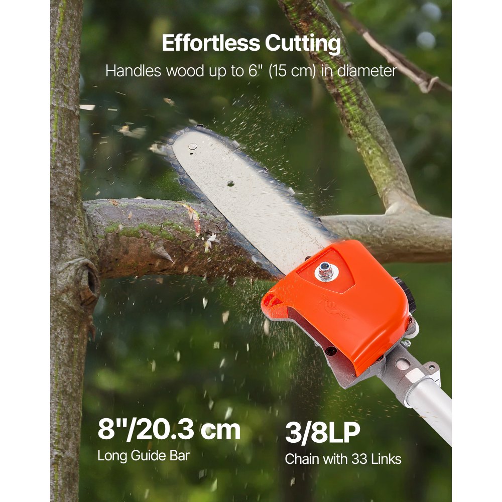 VEVOR Gas Pole Saw, 33CC 2 Stroke Gas Powered Pole Saws with 8 in Cutting Bar, Cordless Tree Trimmer with 30 fl.oz Fuel Tank, 6.7 to 11.6 ft Extendable, Powerful Chainsaw for Tree Trimming Pruning