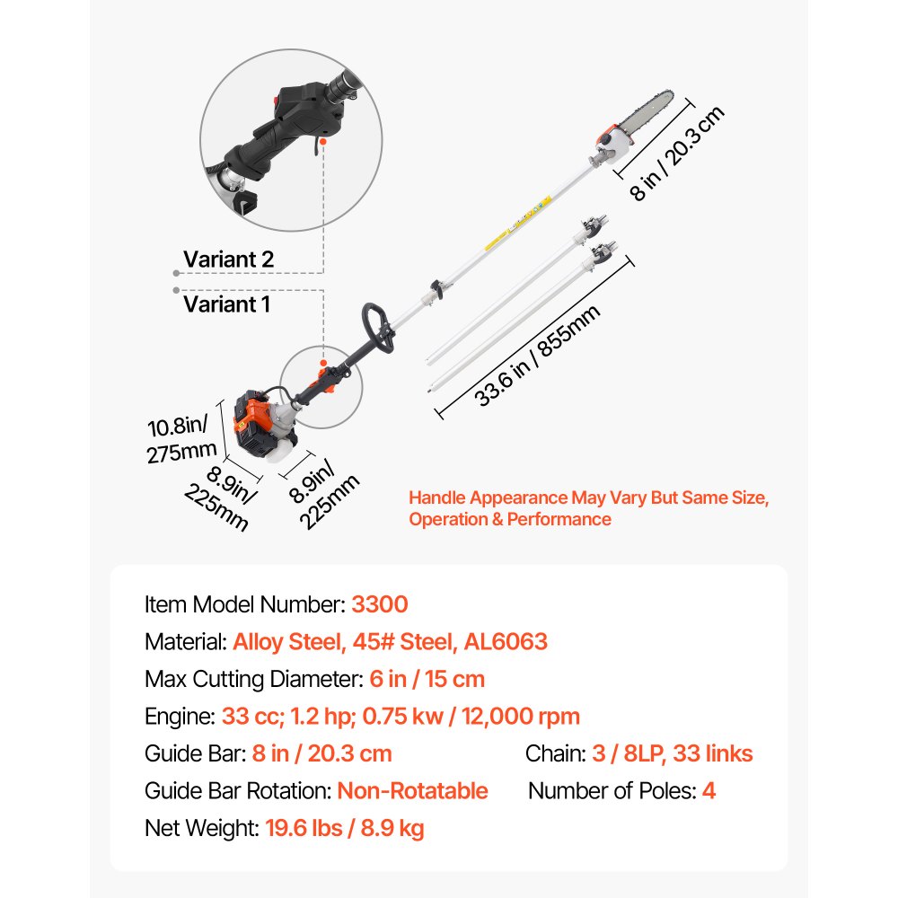 VEVOR Gas Pole Saw, 33CC 2 Stroke Gas Powered Pole Saws with 8 in Cutting Bar, Cordless Tree Trimmer with 30 fl.oz Fuel Tank, 6.7 to 11.6 ft Extendable, Powerful Chainsaw for Tree Trimming Pruning