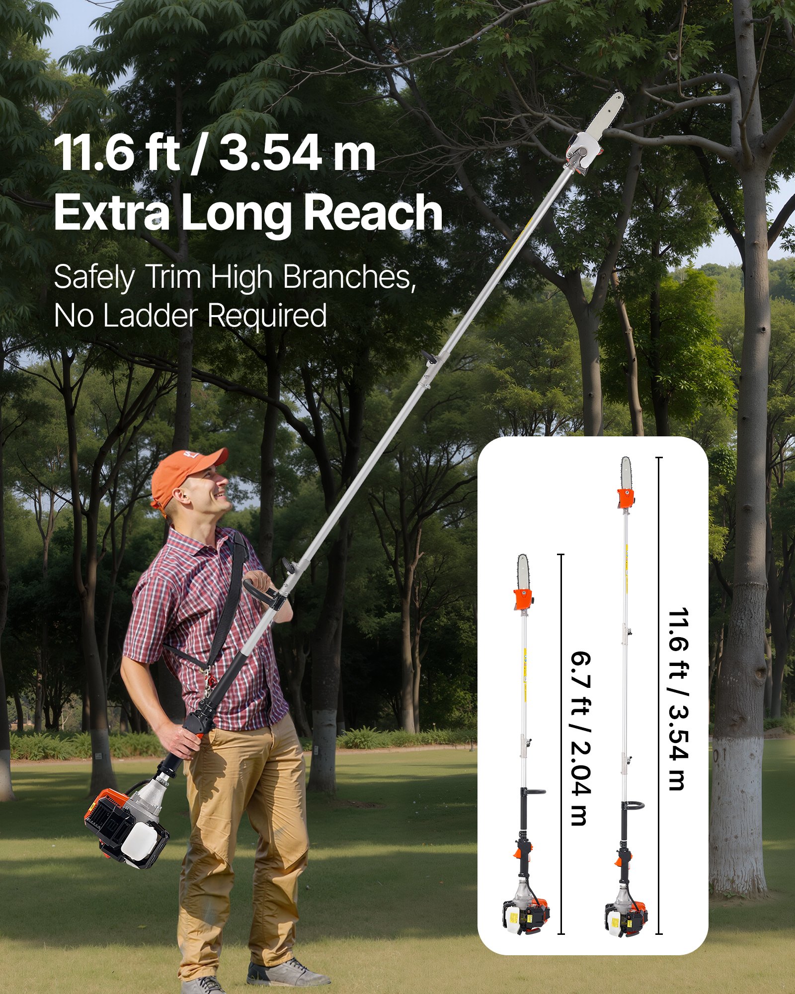 VEVOR benzinmotoros ágvágó, 33 cm-es, 2 ütemű benzinmotoros ágvágó 20,3 cm-es vágórúddal, akkus favágó 850 ml-es üzemanyagtartállyal, 2-3,5 m-es kihúzható, nagy teljesítményű láncfűrész fák metszéséhez és vágásához