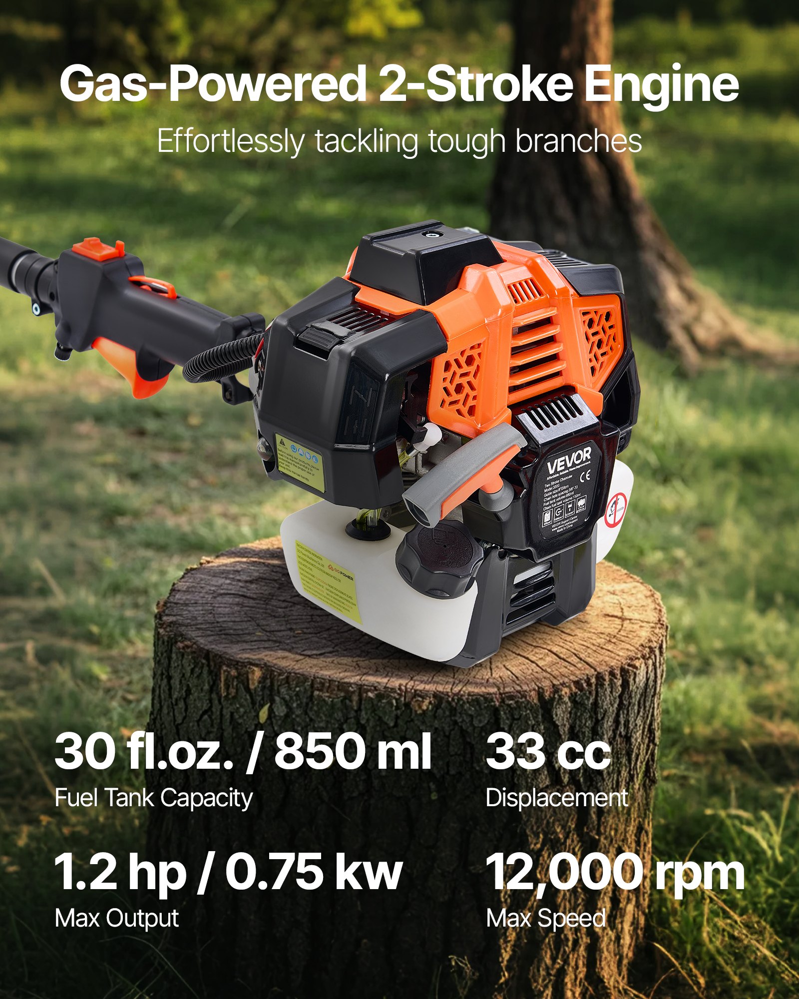 VEVOR Gas Pole Saw, 33CC 2 Stroke Gas Powered Pole Saws with 8 in Cutting Bar, Cordless Tree Trimmer with 30 fl.oz Fuel Tank, 6.7 to 11.6 ft Extendable, Powerful Chainsaw for Tree Trimming Pruning