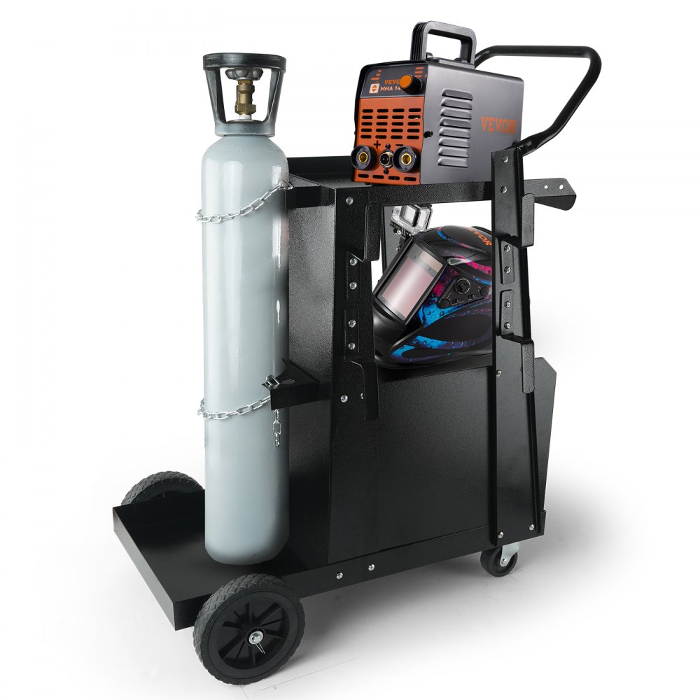 VEVOR Welding Cart, 2-Tier Heavy Duty Welder Cart with Anti-Theft Lockable Cabinet, 265LBS Weight Capacity, 360° Swivel Wheels, Tank Storage Safety Chains, Welding Cabinet for TIG, ARC, Plasma Cutter
