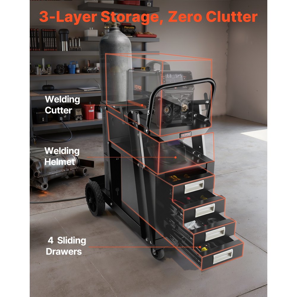VEVOR Welding Cart, 2-Tier 4 Drawers Welder Cart with 120.2 kg Weight Capacity, 360° Swivel Wheels, Tank Storage Safety Chains, Heavy Duty Rolling MIG Welder Cart for Mig Welder and Plasma Cutter